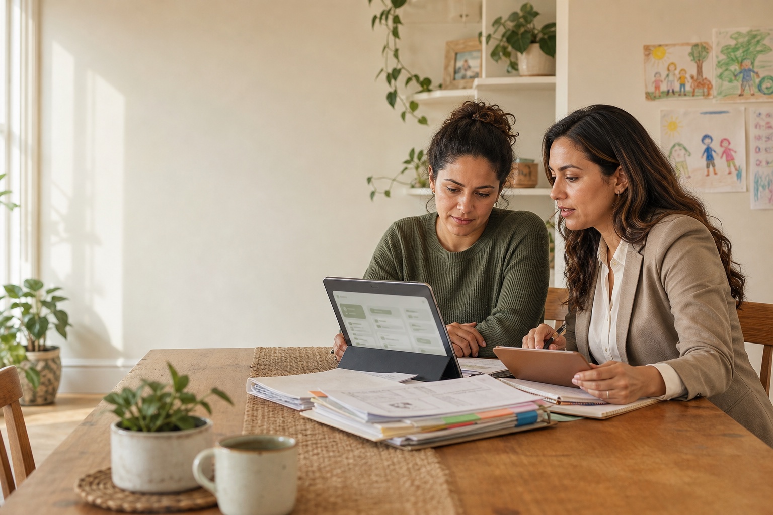 A parent and advocate reviewing an organized support case at a warm kitchen table.