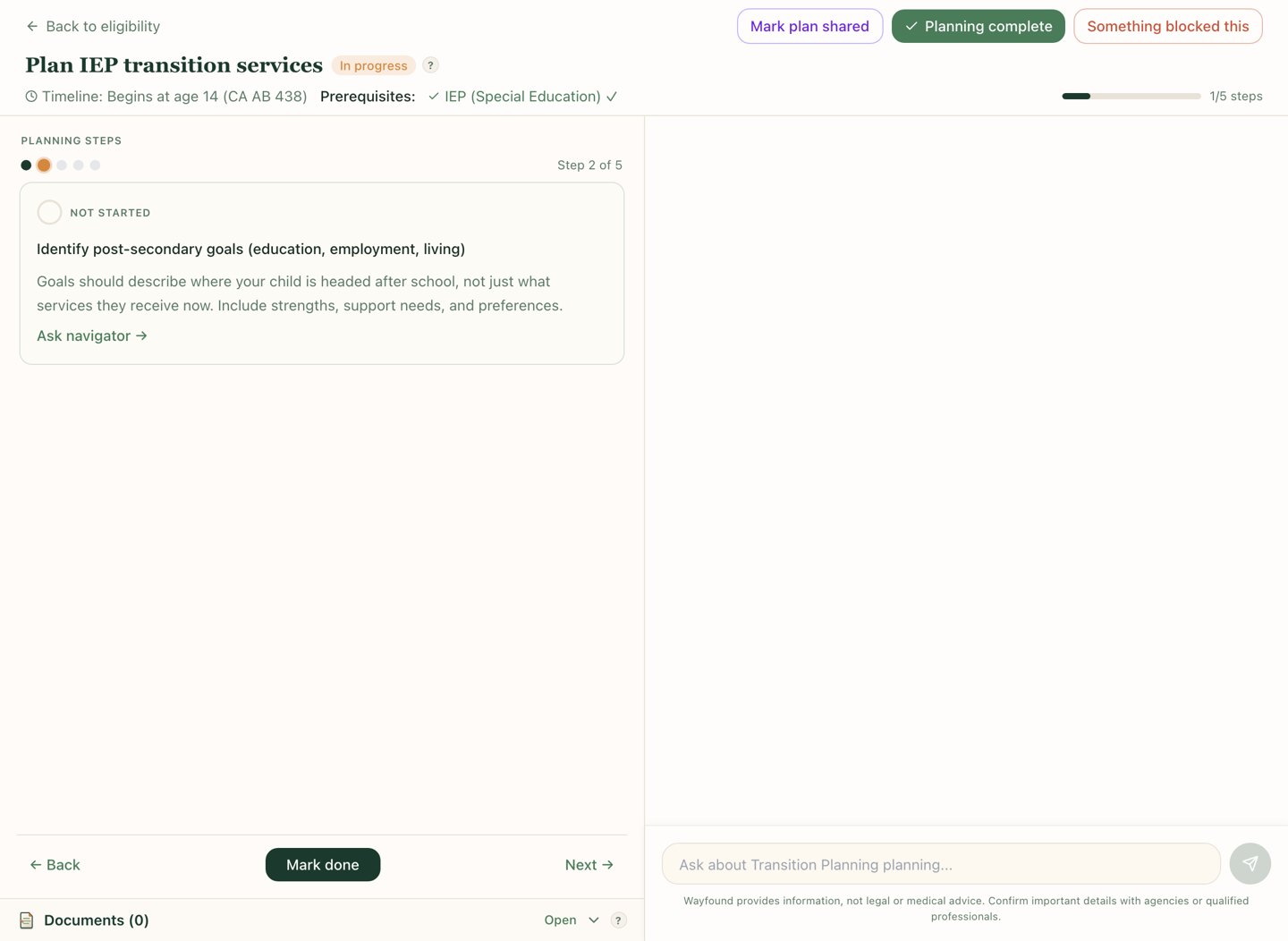 Wayfound application workspace with sample data showing a five-step IEP transition services playbook beside an AI navigator chat panel.
