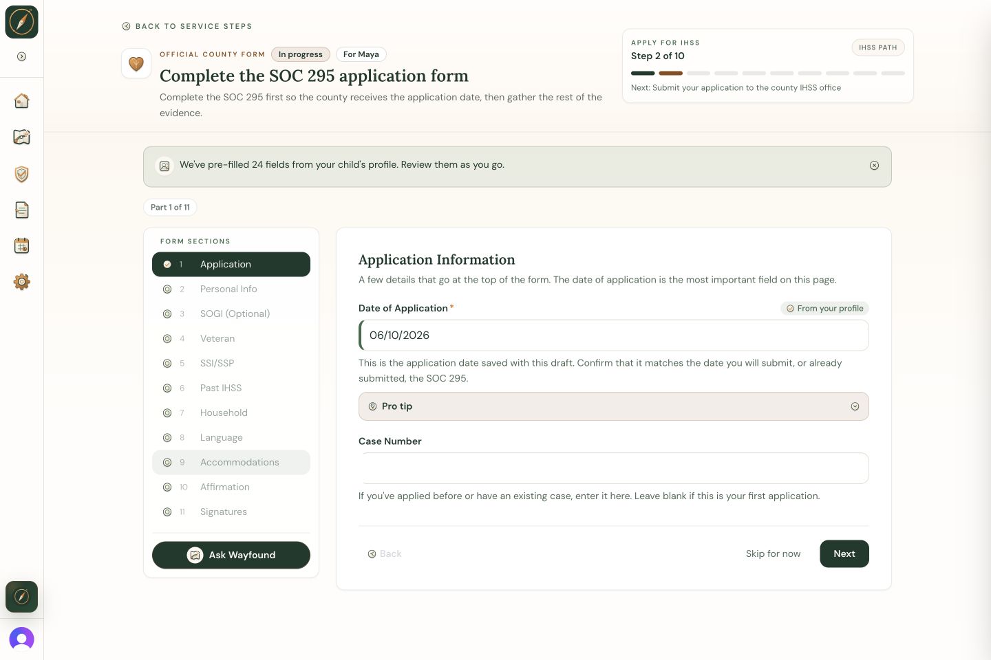 Wayfound SOC 295 form for Maya showing pre-filled fields and the next step in the IHSS path.
