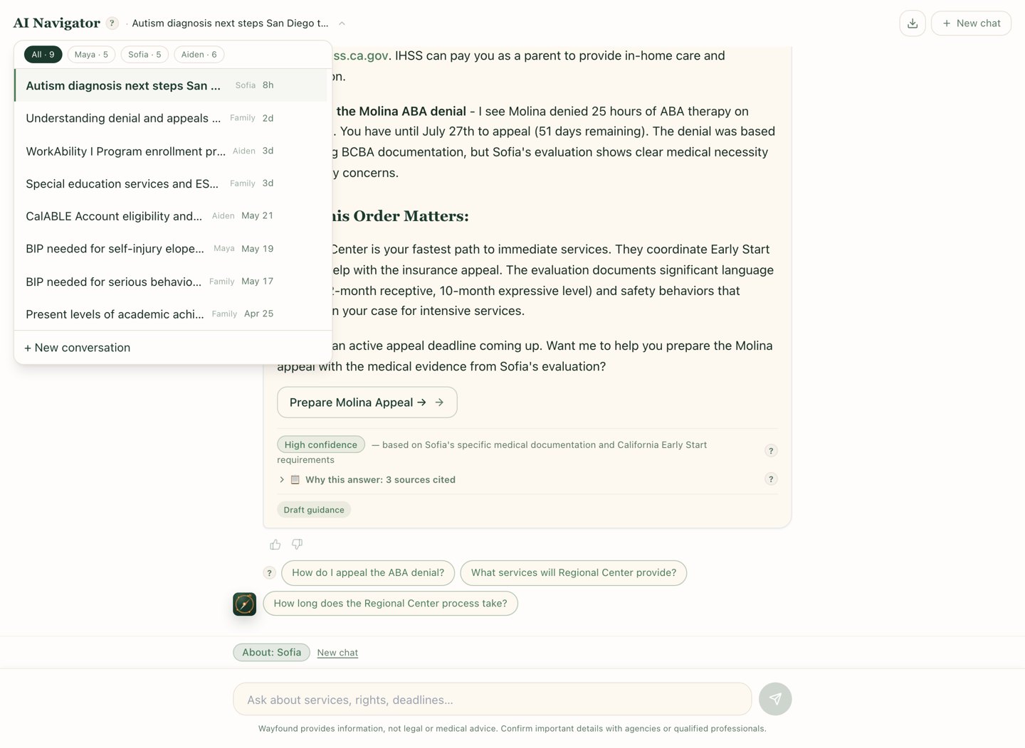 Navigator conversation list filterable by child, showing past conversations about denial appeals, WorkAbility I enrollment, extended school year, CalABLE eligibility, and behavior intervention plan needs