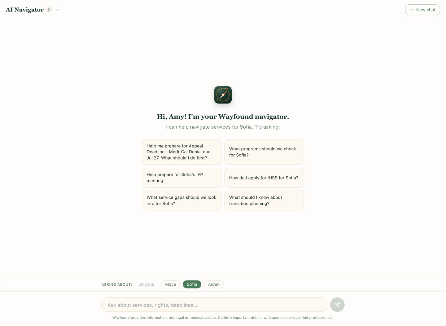 Wayfound AI Navigator chat with sample data, greeting a parent with suggested questions about Medi-Cal appeals, IEP meetings, and IHSS for a child named Sofia.