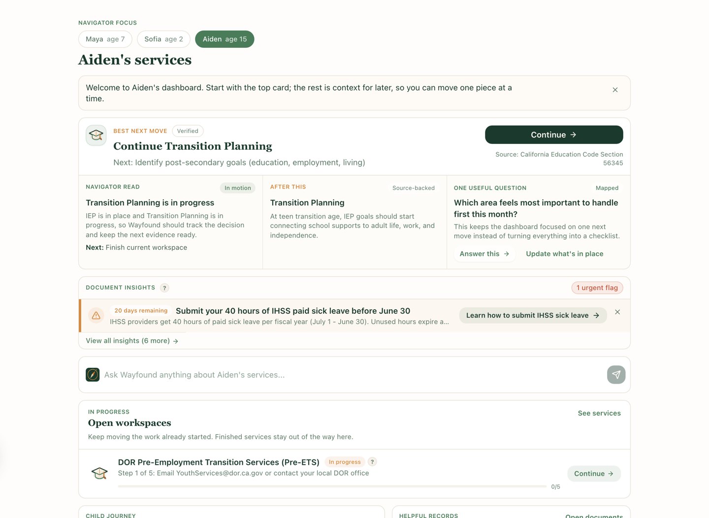 Wayfound dashboard with sample data for Aiden, age 15, showing a verified transition planning next move citing California Education Code Section 56345 and an in-progress DOR Pre-Employment Transition Services workspace.