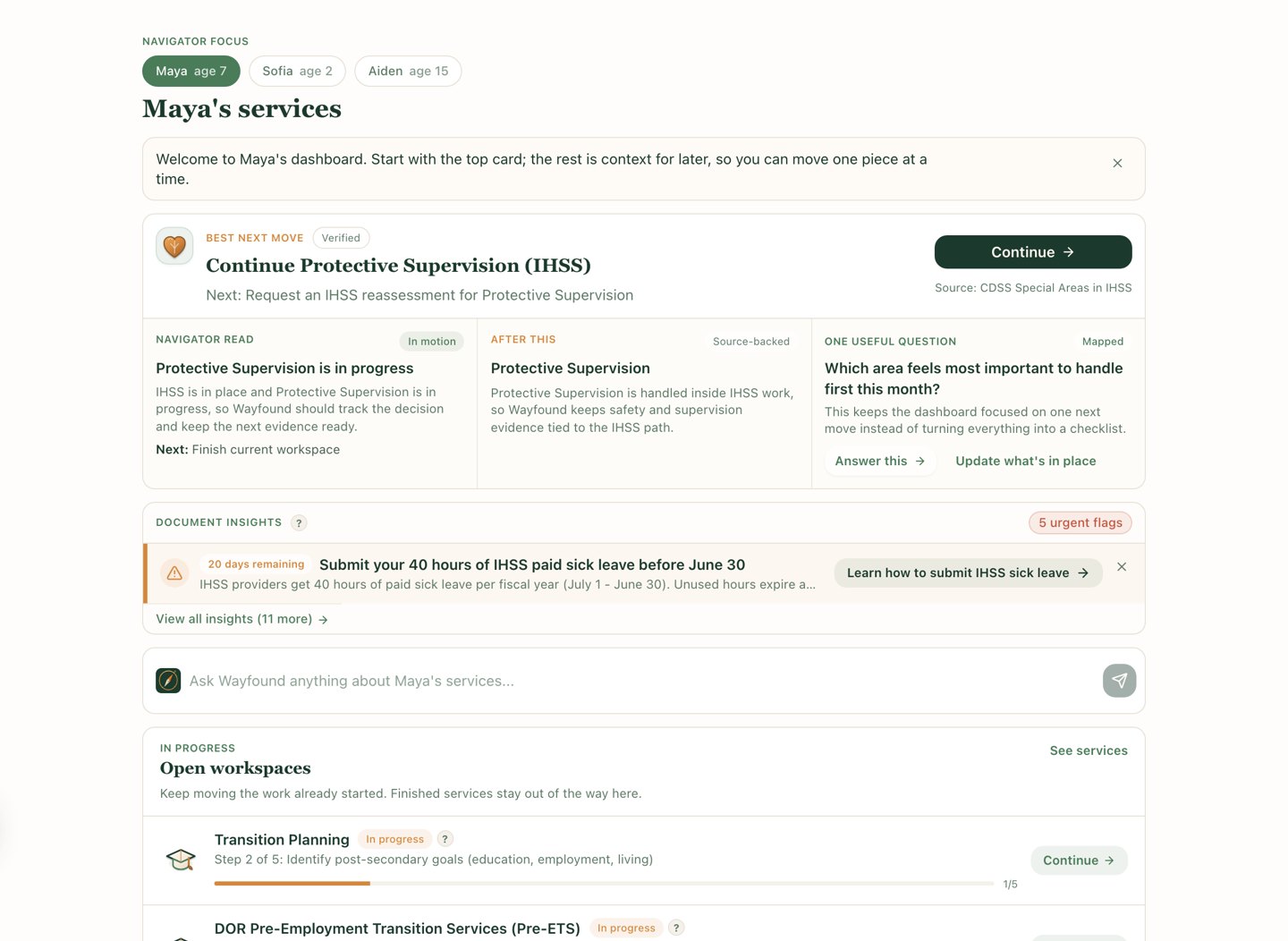 Wayfound dashboard with sample data for Maya, age 7, showing a verified next move to continue IHSS Protective Supervision and a document insight about a paid sick leave deadline.