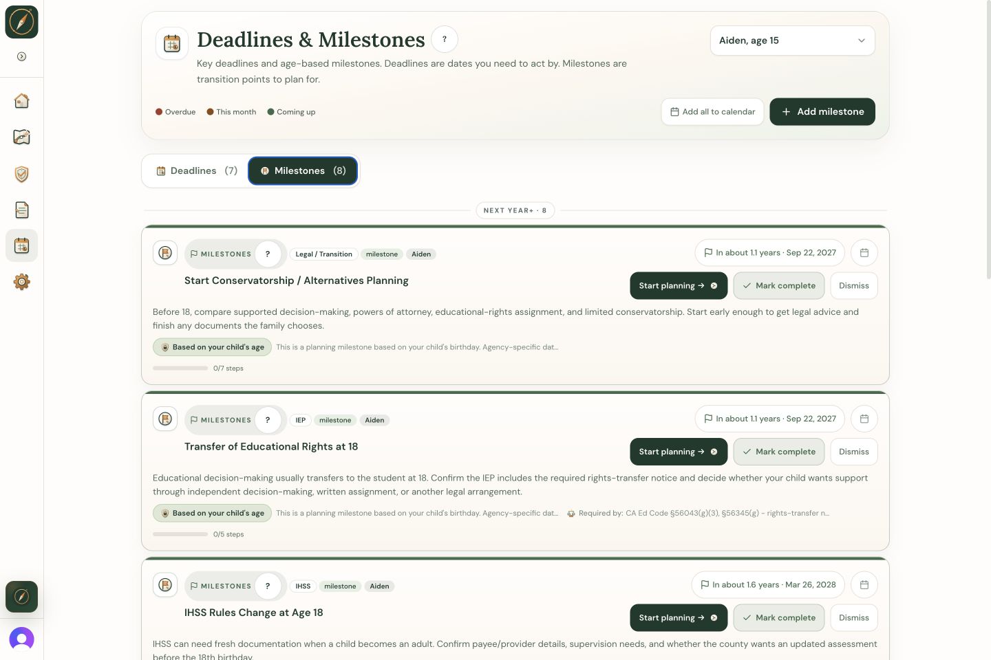 Wayfound Deadlines and Milestones for Aiden showing age-based transition milestones.