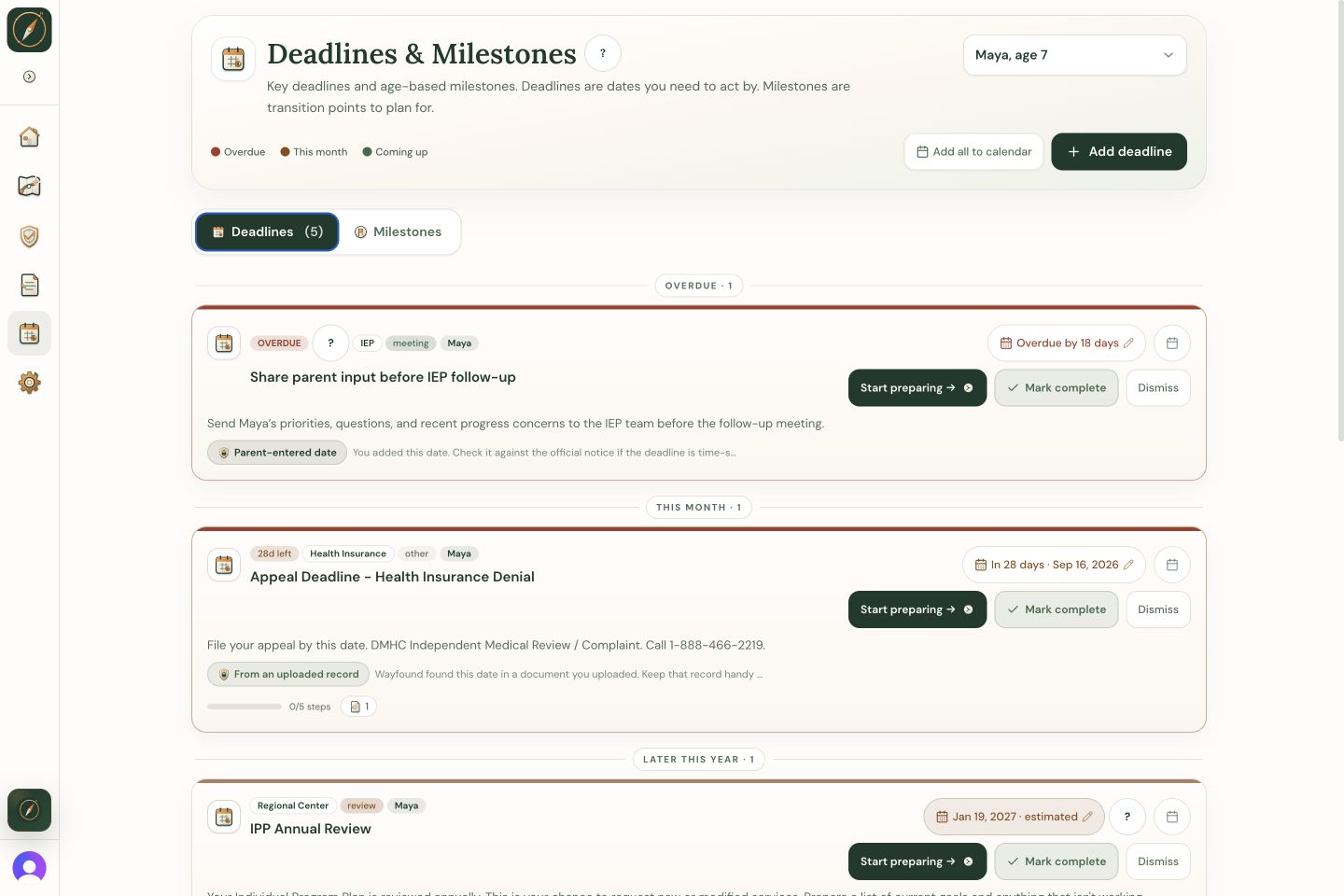 Wayfound deadlines for Maya showing her IEP follow-up and next preparation actions.
