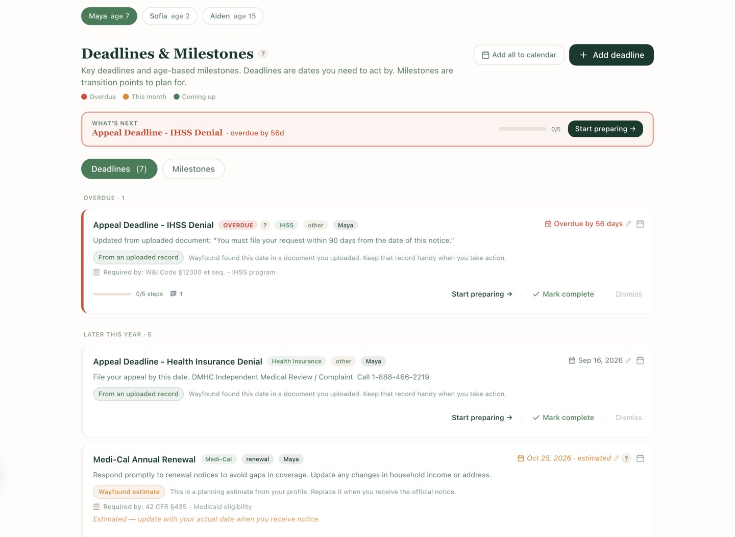 Wayfound deadlines screen for sample child Maya: a What's next banner flags an IHSS denial appeal overdue by 56 days with a Start preparing button, the deadline card quotes the uploaded notice's 90-day filing window, and other cards show a health insurance denial appeal due Sep 16, 2026 and a Medi-Cal annual renewal estimated Oct 25, 2026, each badged From an uploaded record or Wayfound estimate