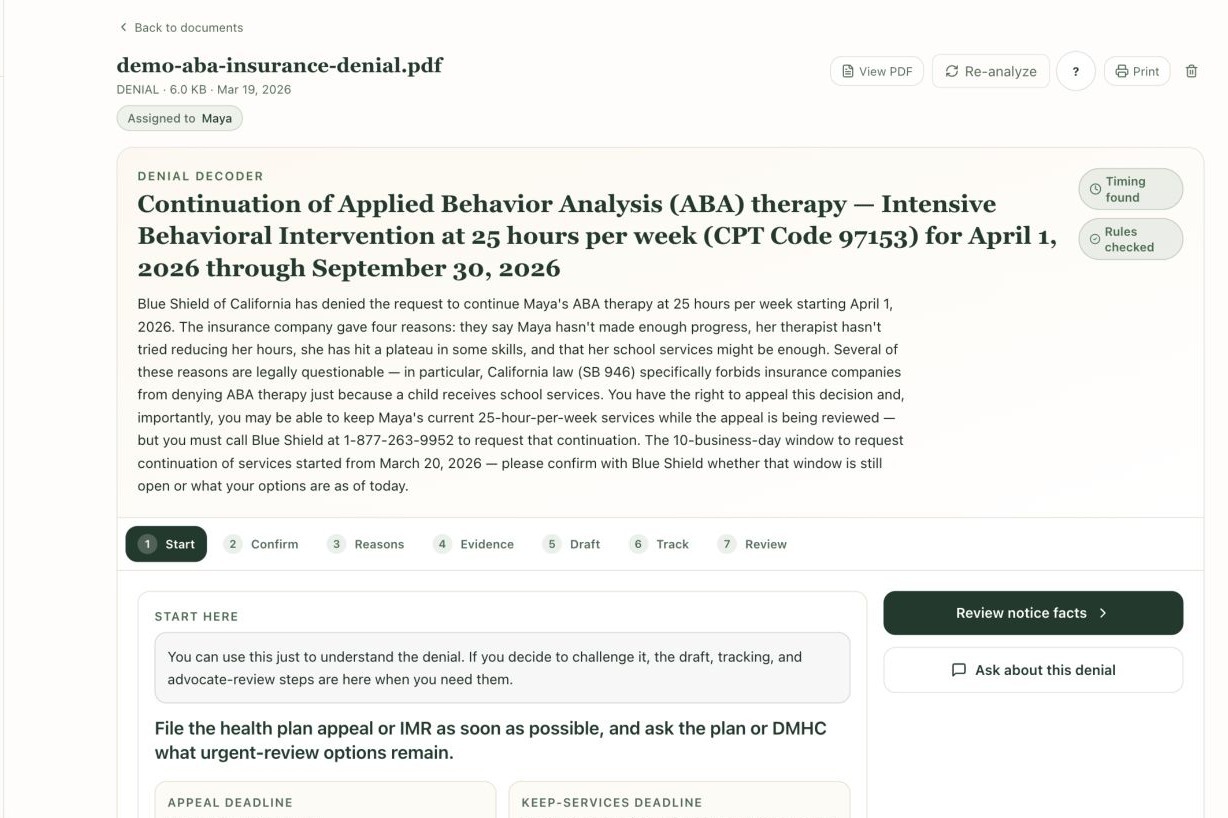 Wayfound denial decoder showing an ABA therapy denial, appeal timing, denial reasons, and evidence steps.