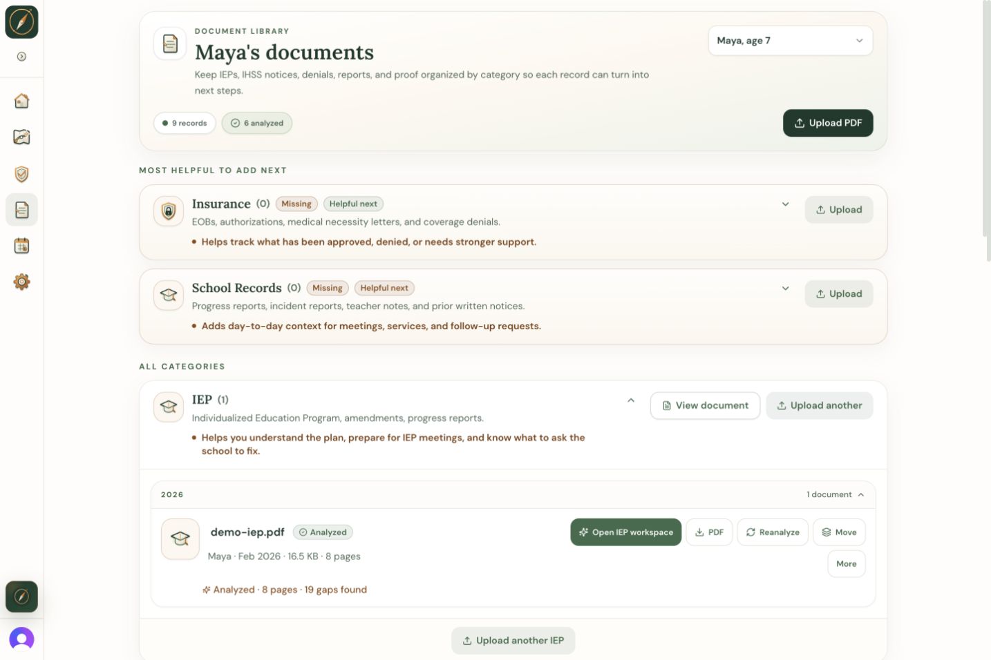 Wayfound document library showing Maya's analyzed IEP and organized record categories.