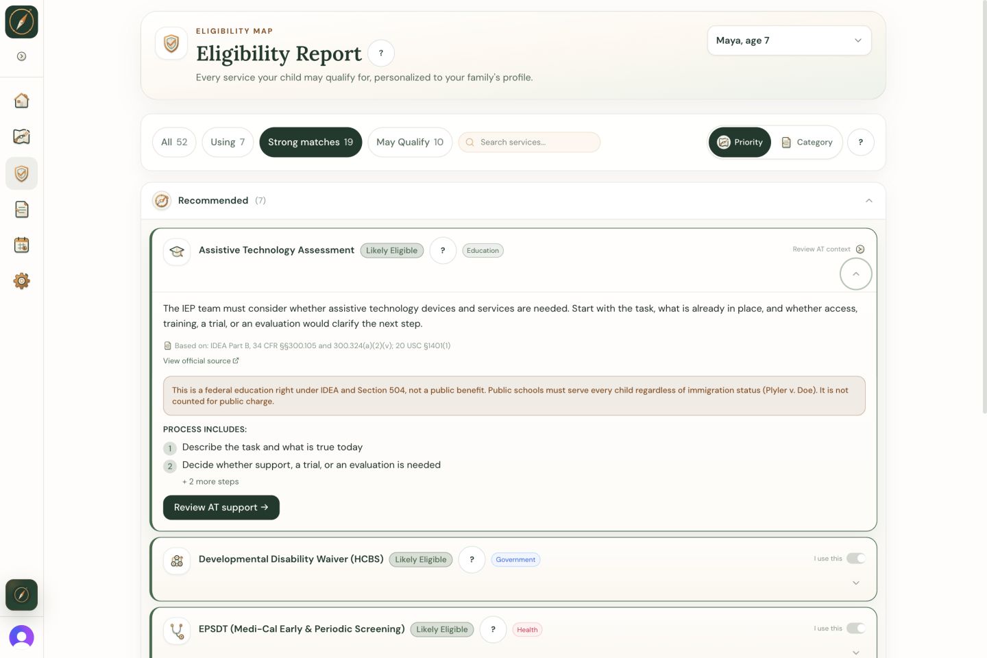 Expanded Assistive Technology Assessment card in Maya's Eligibility Report with official IDEA guidance.