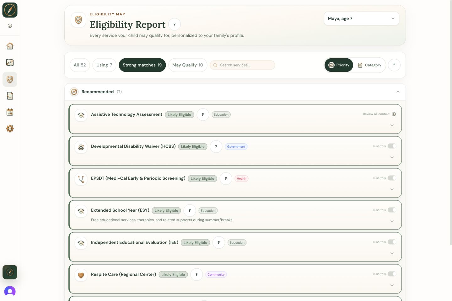 Wayfound Eligibility Report for Maya showing strong matches and programs to review.