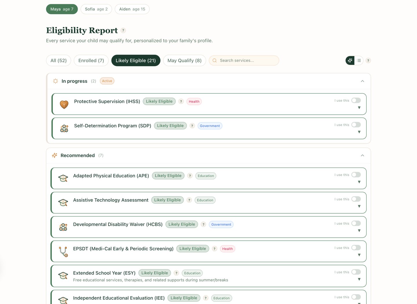 Eligibility Report for Maya, age 7, showing 52 services total with 7 enrolled, 21 likely eligible, and 8 that may qualify, organized into In progress and Recommended sections with graded badges on each card