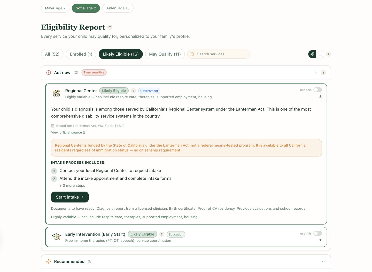 Wayfound Eligibility Report with sample data showing the Regional Center program card expanded, with a Lanterman Act citation and a note that the program is available to all California residents regardless of immigration status.