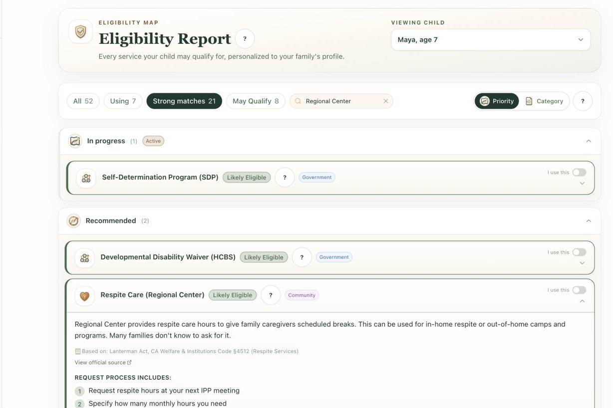 Expanded Respite Care Regional Center card in the Eligibility Report explaining the service, citing the Lanterman Act source, and listing request process steps and documents to have ready.