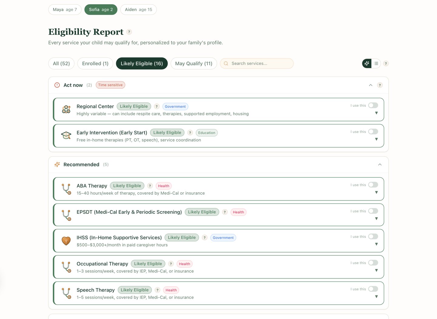 Wayfound Eligibility Report with sample data for a 2-year-old, showing time-sensitive Act now programs like Regional Center and Early Intervention plus recommended services.