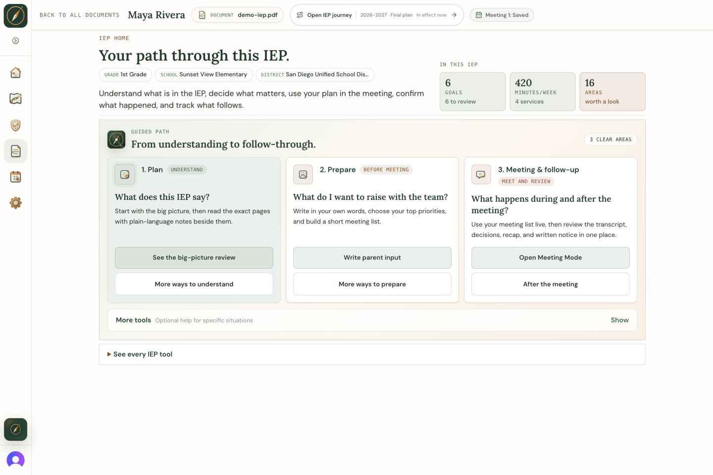 Wayfound IEP Home showing Maya's next preparation steps and plan overview.