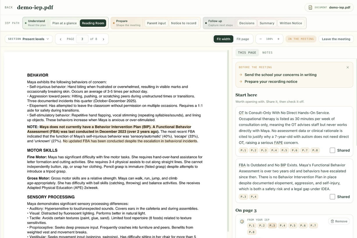 Wayfound IEP meeting mode showing the source page beside parent input concerns, shared controls, and meeting decision tools.