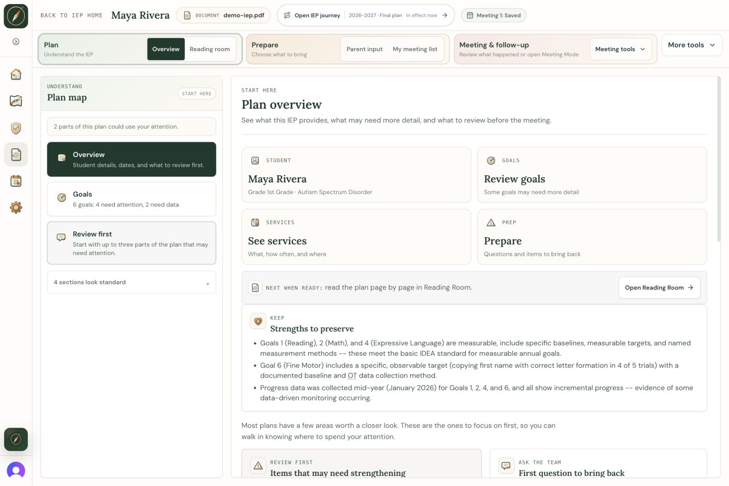 Wayfound IEP plan overview for Maya showing items that may need strengthening.