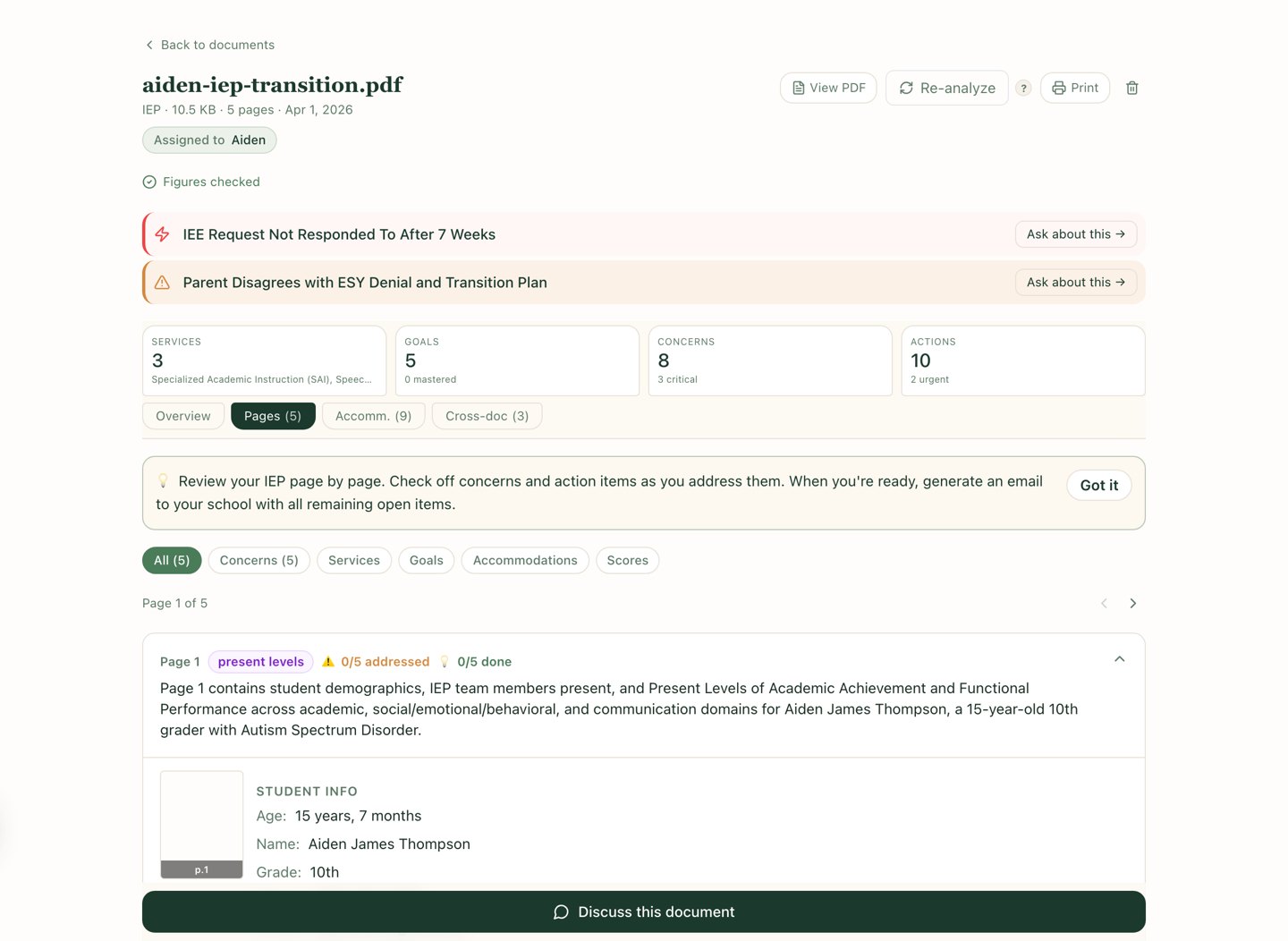 Page-by-page review of a sample IEP where concerns can be checked off, remaining open items become an email to the school, and a Figures checked badge verifies the numbers