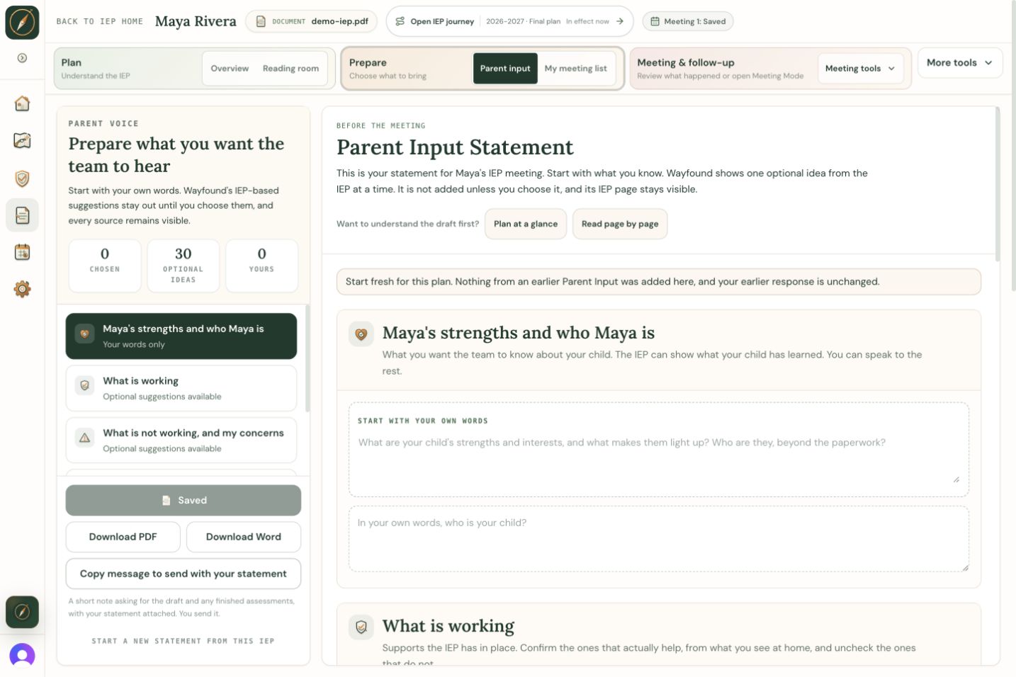 Wayfound Parent Input page inside Maya's IEP workspace with optional suggestions and space for a parent to write in their own words.