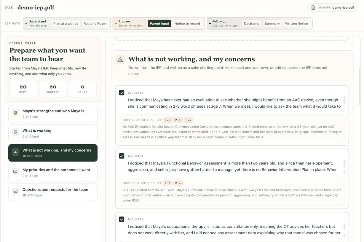 Wayfound Parent Input page inside the IEP workspace showing Maya's filled concerns, source citations, kept counts, and export actions.