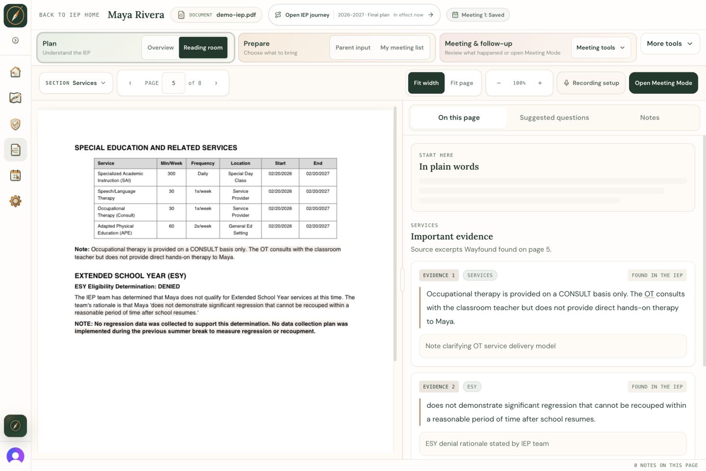Reading Room showing Maya's IEP page beside page-specific notes and preparation tools.