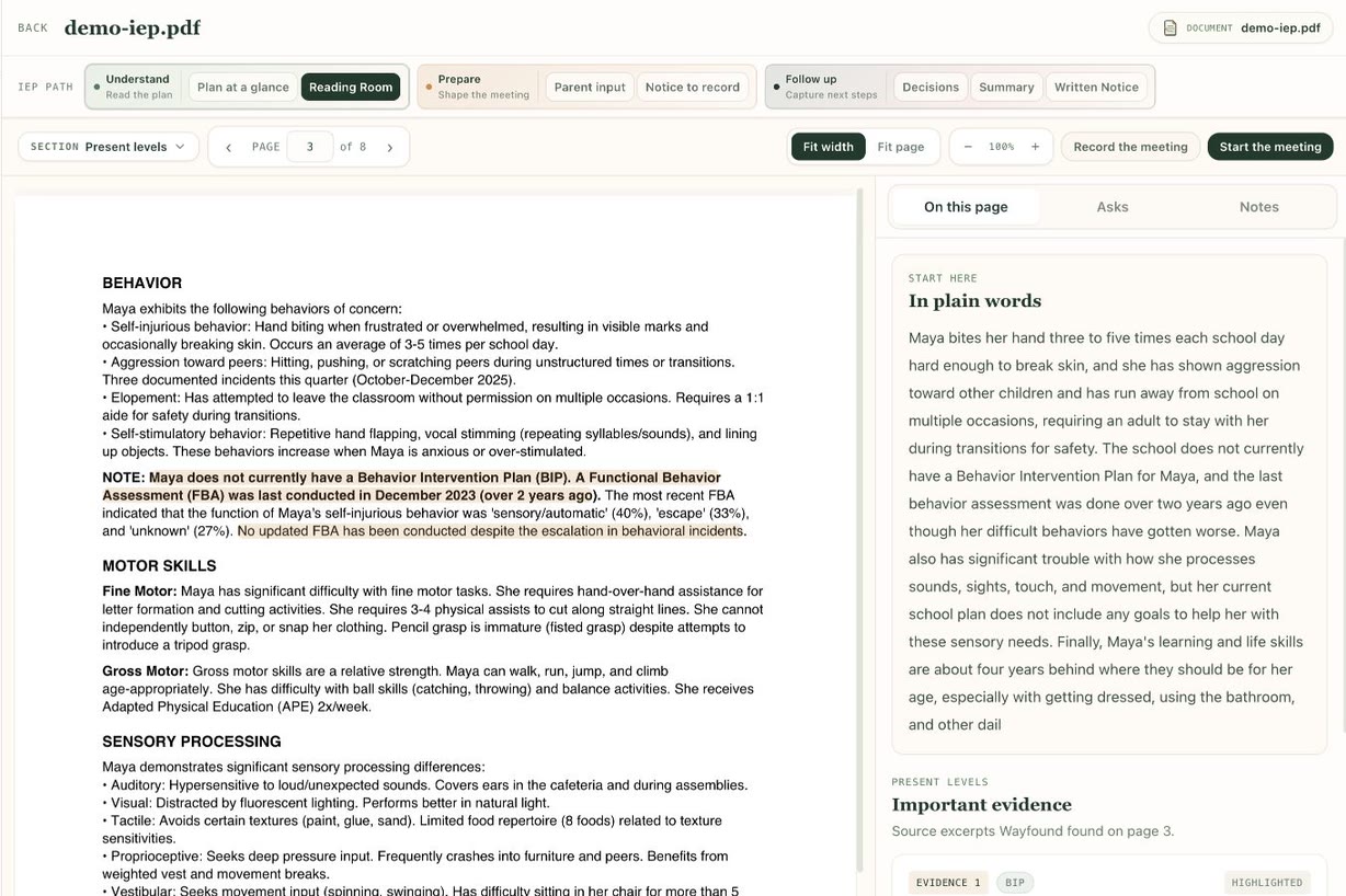 Reading Room showing an IEP page beside page-specific notes, behavior concerns, and meeting preparation tools.