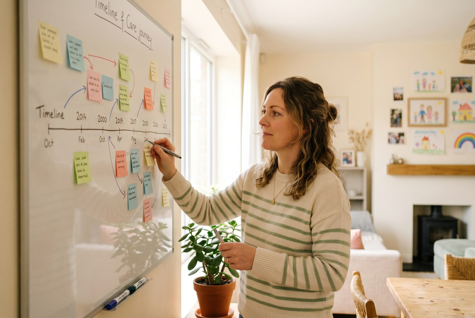 A parent mapping a child's care journey on a whiteboard at home.