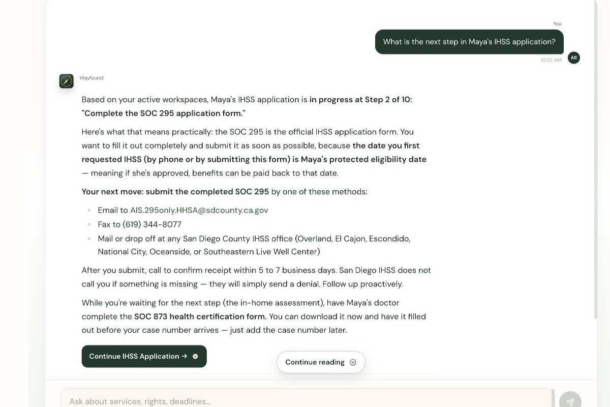 Wayfound Navigator showing Maya's IHSS application next-step question and Continue IHSS Application action.