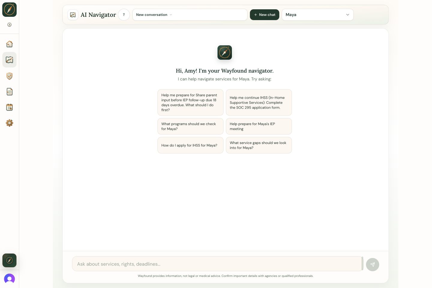 Wayfound Navigator start state showing Maya's suggested questions and the message composer.
