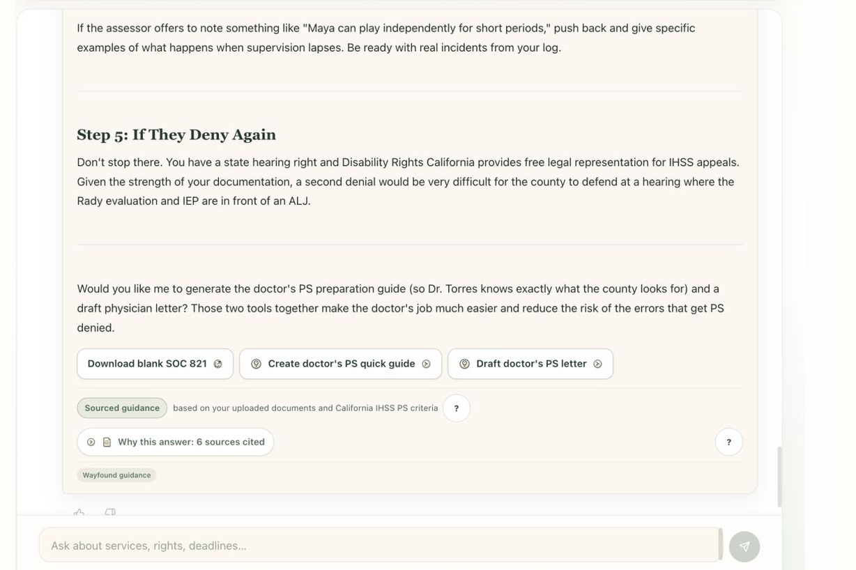 Wayfound Navigator answering a Protective Supervision preparation question for sample child Maya with action buttons, sourced guidance, and follow-up tools.