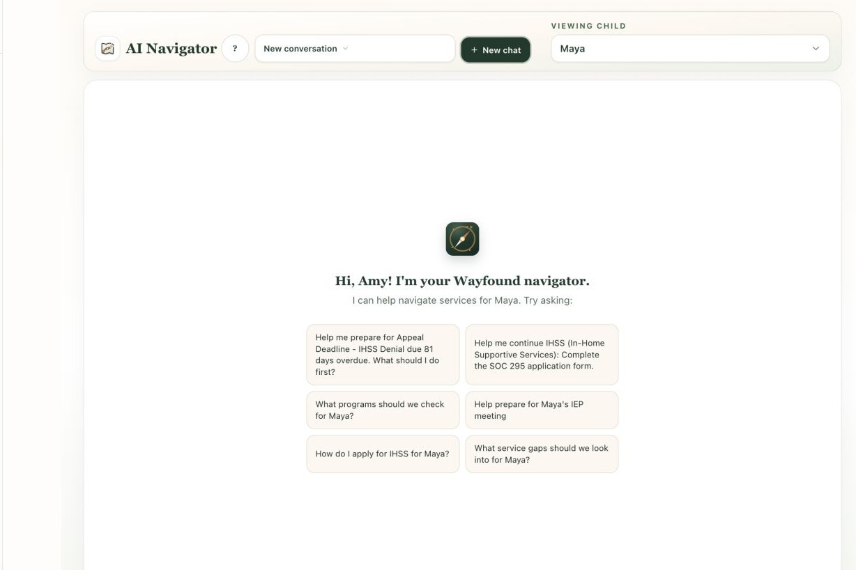 Wayfound Navigator start state showing a greeting, child-specific suggested questions, selected child context, and the message composer.