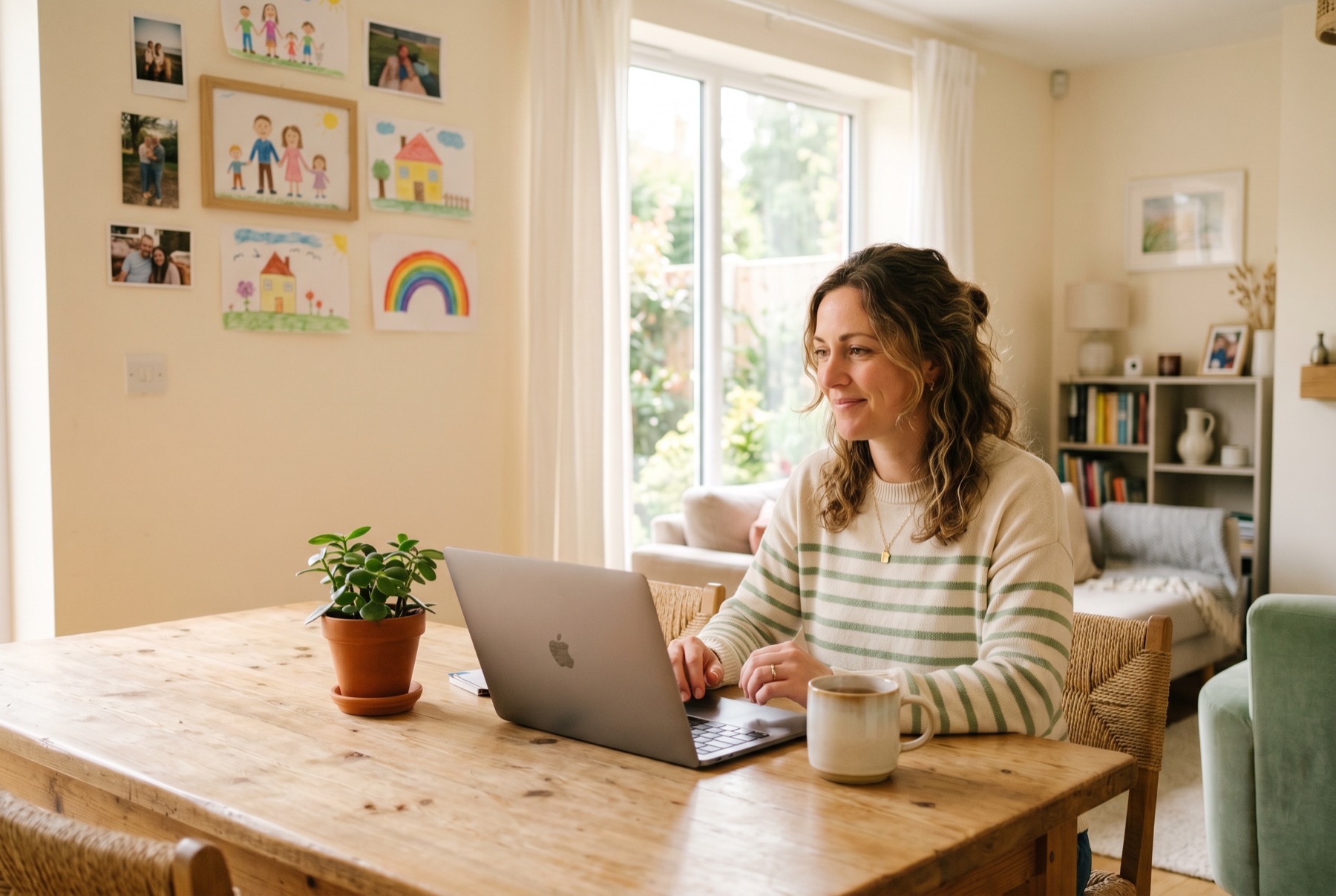 A parent using a laptop at a kitchen table in a warm family home.