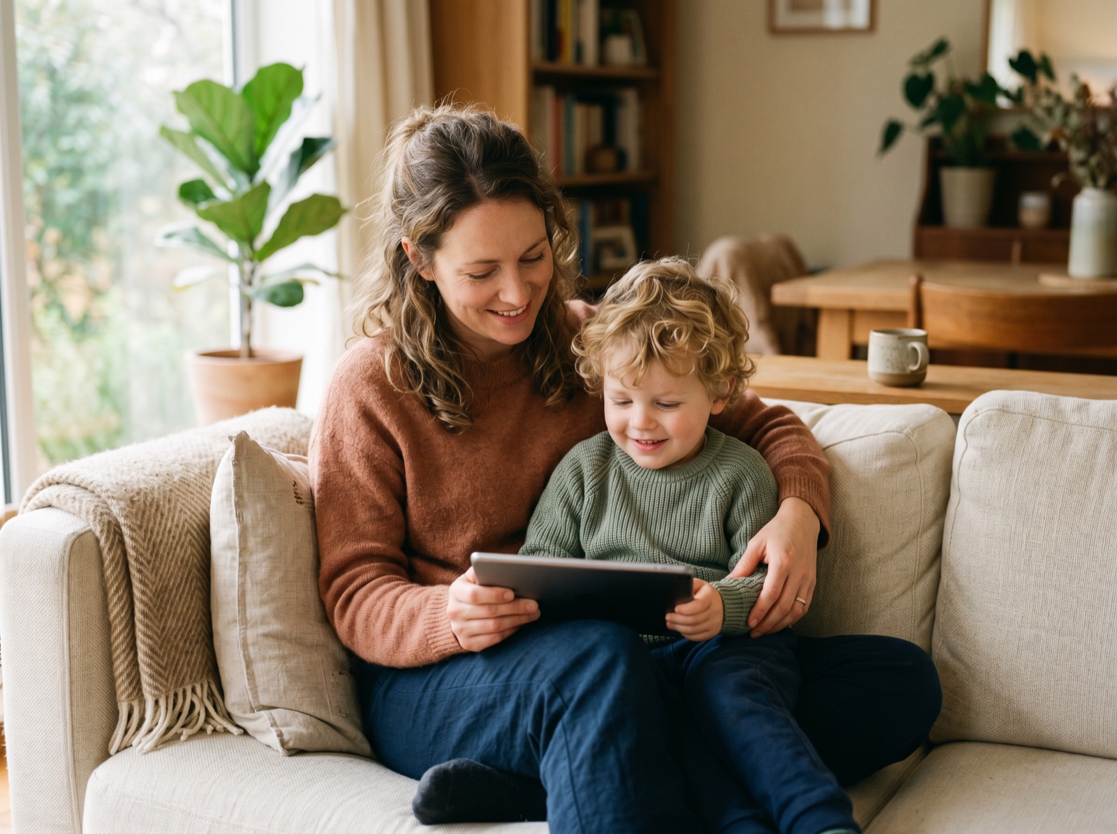 A parent and child looking at a tablet together at home.