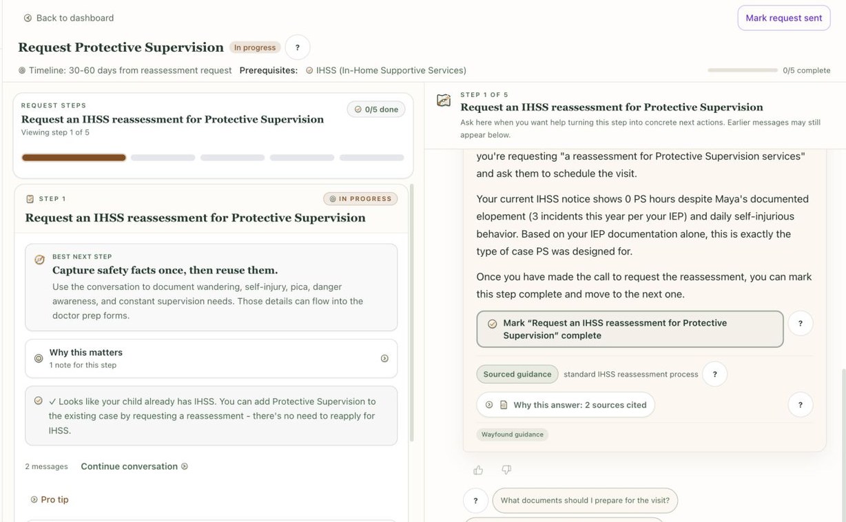 Wayfound Protective Supervision workspace showing reassessment steps, reusable safety facts, and navigator guidance.