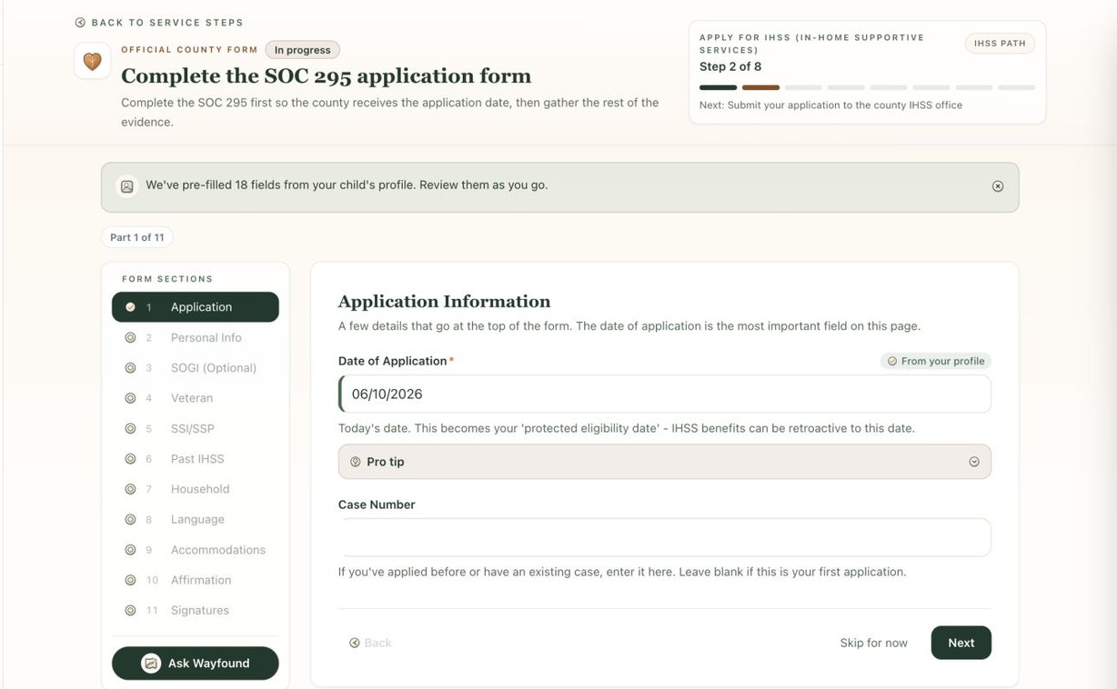 Wayfound SOC 295 form assistant showing prefilled fields, form sections, and the next step in the IHSS path.