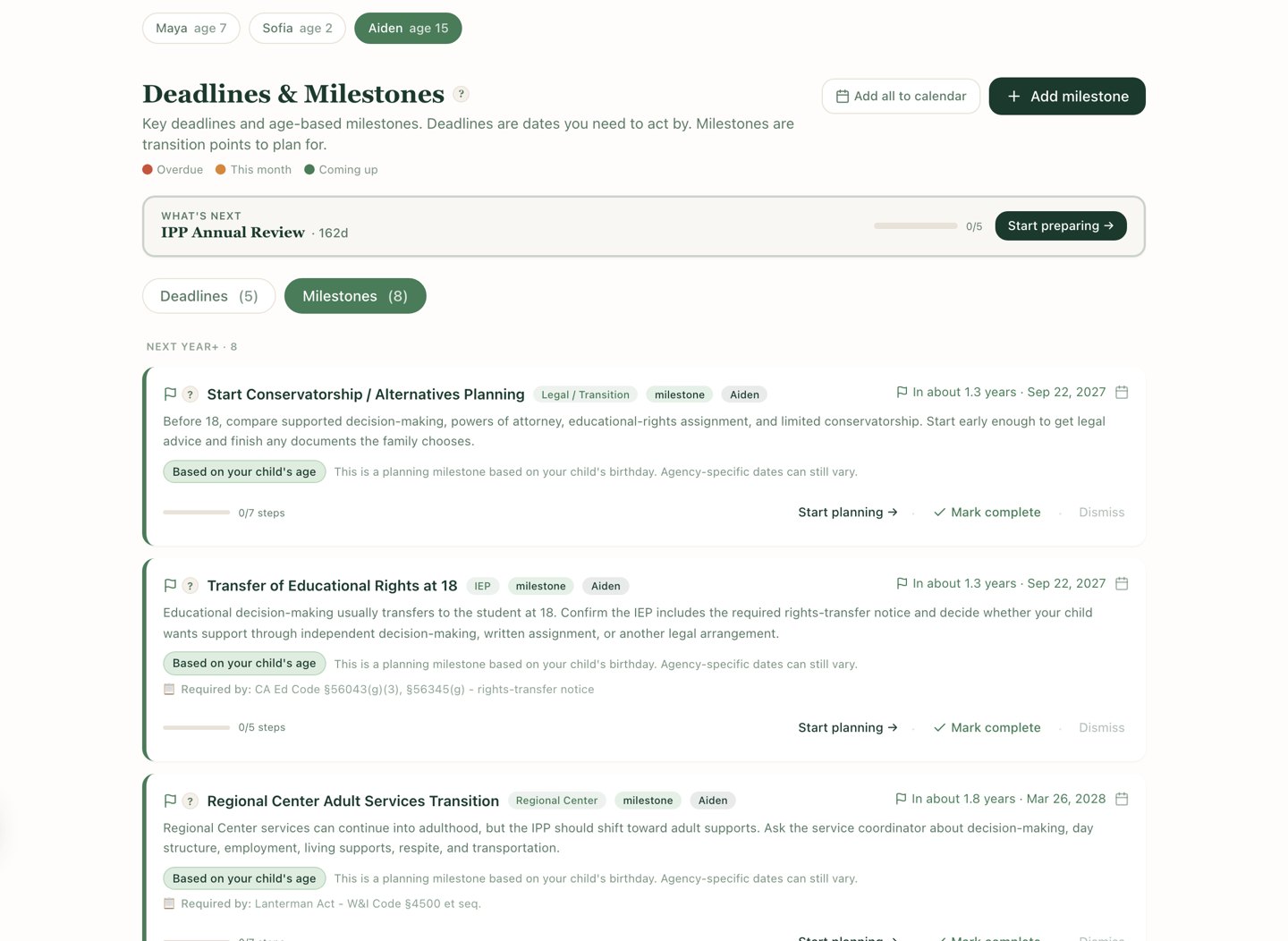 Wayfound Deadlines and Milestones screen with sample data listing transition milestones with legal citations, including transfer of educational rights at 18.